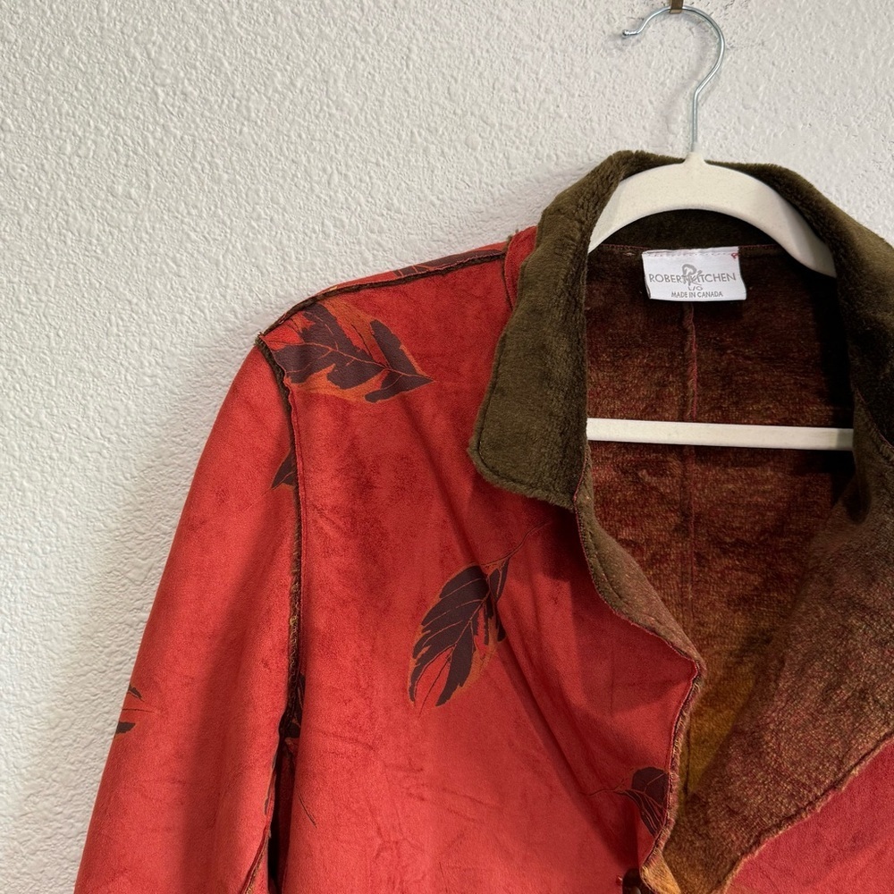 VTG Reversible Jacket Red Faux Suede + Fur Casual Button Up Boho Artsy Leaf L - Picture 4 of 14